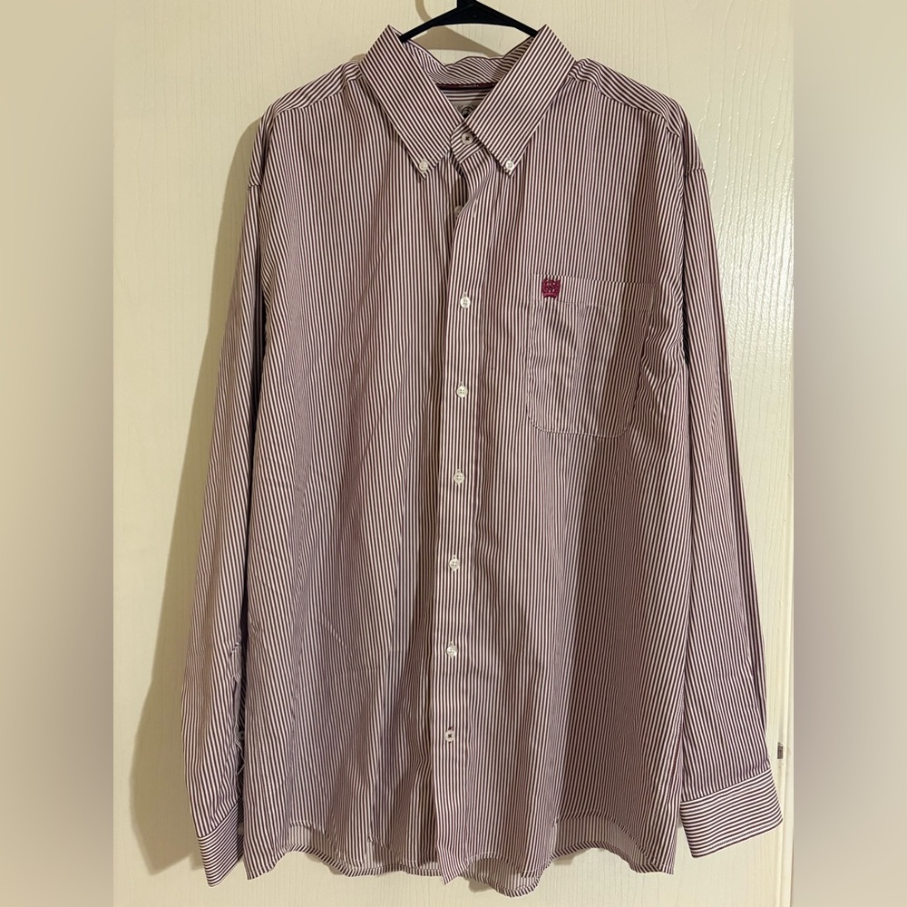Cinch Men's Burgundy Striped Button Down Shirt Sz L